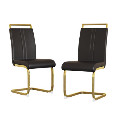 Luxury Faux Leather Dining Chair, Set of 2 Gold Chromed C Shaped Chairs, Cantilever Dining Chairs with Stainless Steel