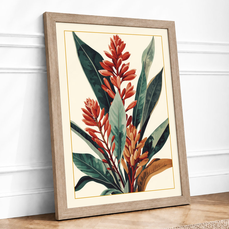 Red Flower Spikes Botanical - Framed Print, A2 - 59.4 x 42.0 cm, Oak