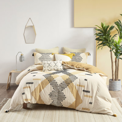 Housse de couette 3 pièces double / grand, 100% coton jaune gris géométrique, broderie torsadée, fermeture à boutons, 4 attaches de coin, literie lavable