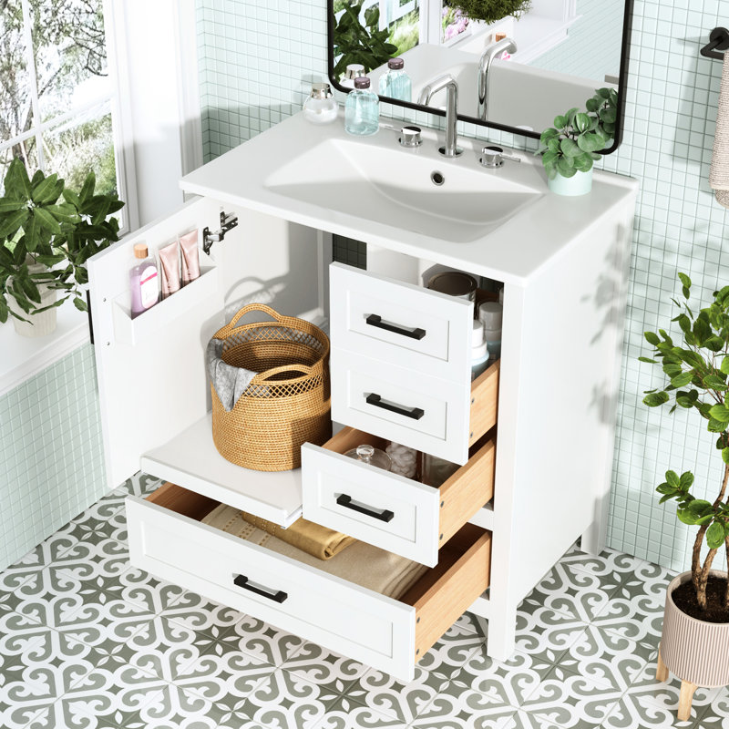 Meuble-lavabo blanc de 30 po avec lavabo en céramique, portes à fermeture douce et armoire de rangement - idéal pour les petits espaces, les solutions polyvalentes, les salles de bain faciles à installer,