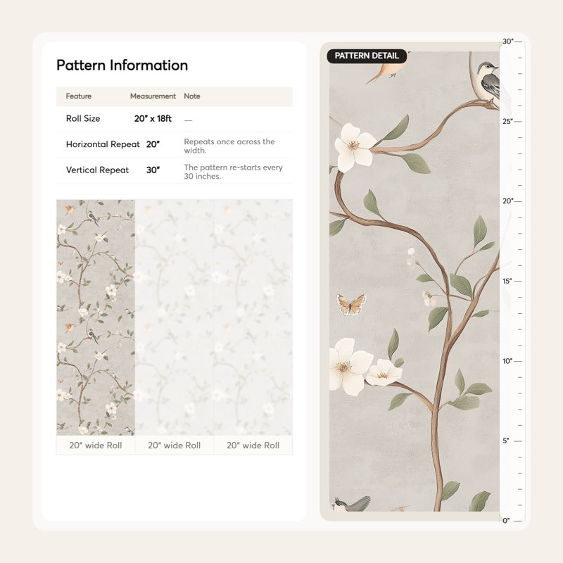 Elegant Birds and Magnolia Wallpaper Vintage Floral Wall Mural Grey Background Nature Pattern