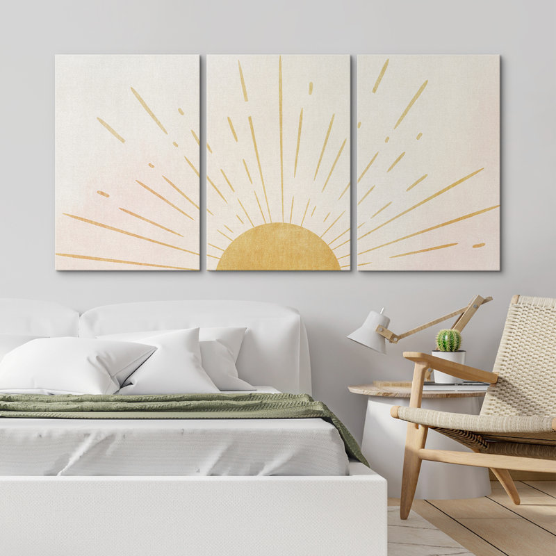 Sunrise Geometric Yellow and Natural Canvas Print Set with MDF Frame