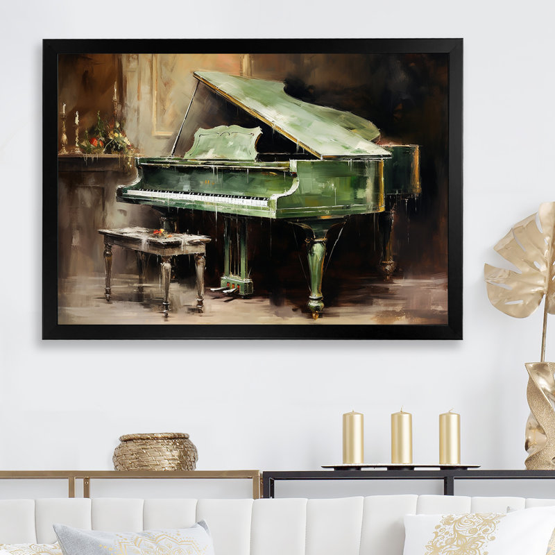 «Green Piano Impressionist», instrument sur toile, Encadrement doré, H 30 po x l 40 po