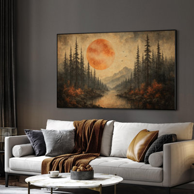 Extra Large Wall Art Fabric Print - Rustic Sunset Over Forest and River Landscape Artwork Decor for Living Room or Bedroom - "Frame Assembly Required (Unfinished Frame)"