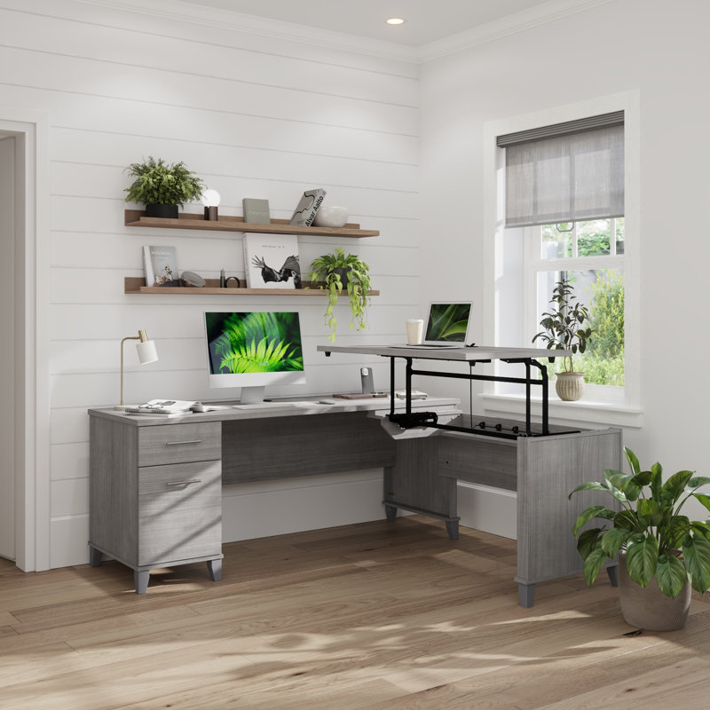 72W 3 Position Sit to Stand L Shaped Desk in Platinum Gray, Platinum Gray