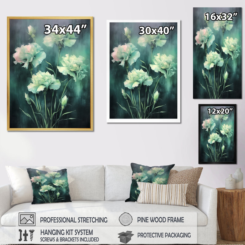 Carnation - émeraude verte, impression sur toile, Cadre flottant blanc, H 44 po x l 34 po x P 1,5 po