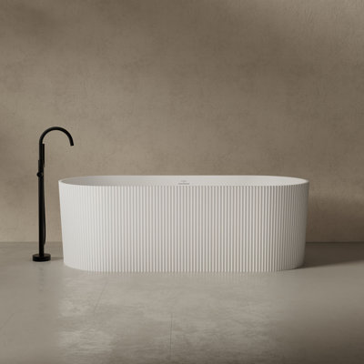 MonBlari 67" X 29.5" Solid Surface Fluted Freestanding White Soaking Bathtub with Overflow and Pop-up Drain For Bathroom