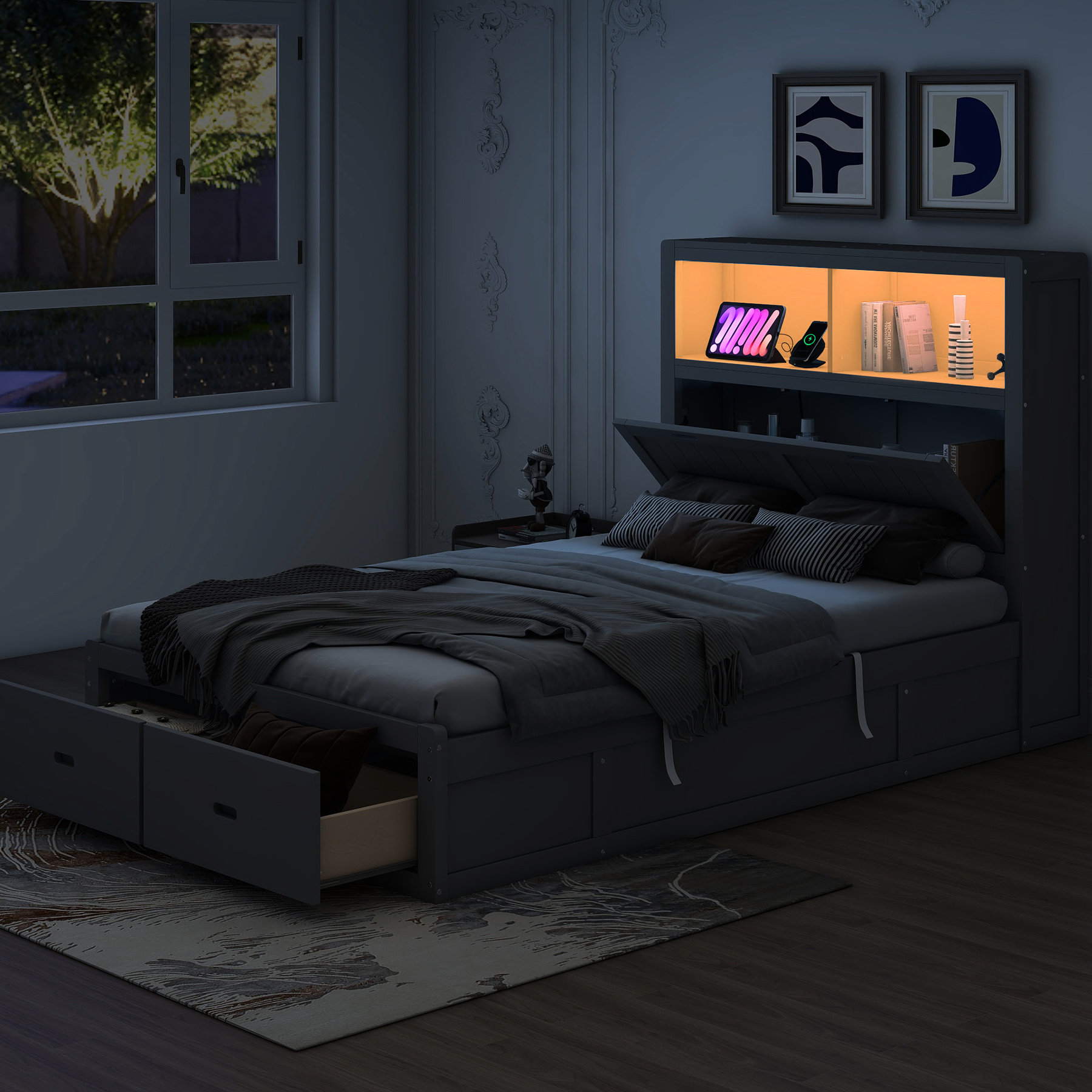 Latitude Run® Wood Bed With Storage, Led Headboard, Charging Station ...