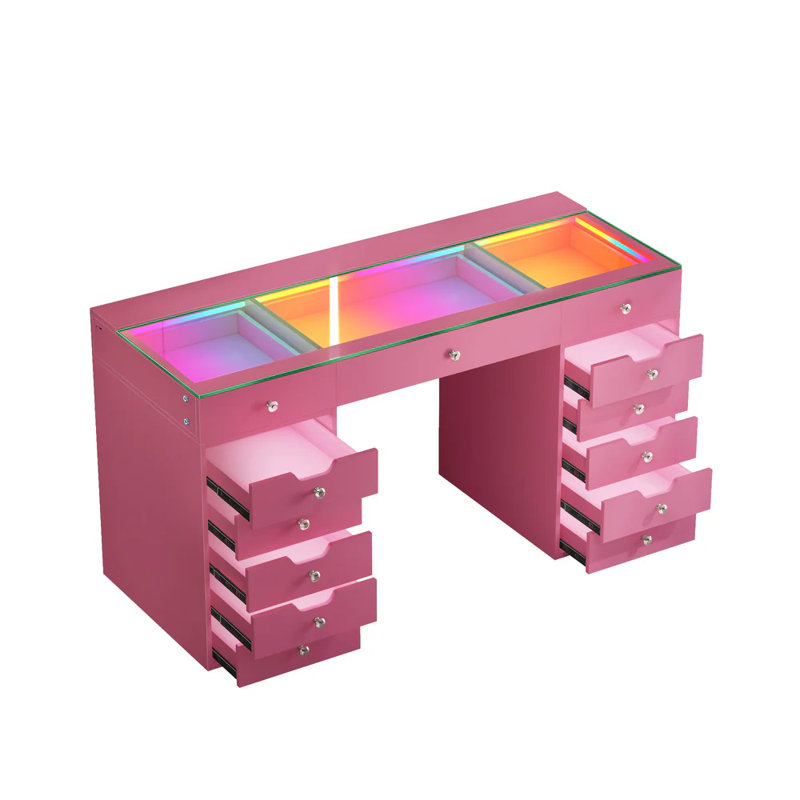 Makeup Vanity Desk HD Glass Top Built-in LED Light Strips Large 13 Drawers Diamond Handles USB and Type-C, Pink