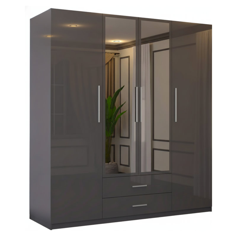 Modern 4 Door High Gloss Wardrobe with Mirror, Storage, Drawers, Shelves & Hanging Rails, White/Black/Grey | Bedroom Cupboard