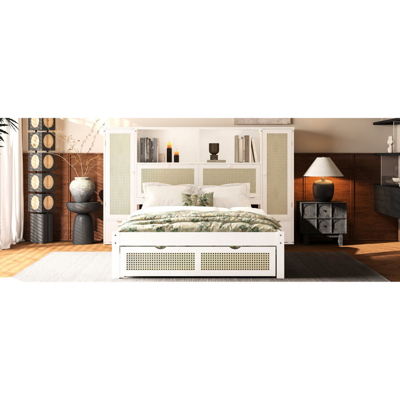 Lit simple avec casiers de rangement, tiroir et support de tête de lit - plateforme luxueuse et pratique, Blanc