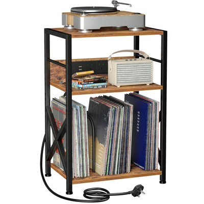 3-Tier Turntable Stand, Vinyl Record Shelf with Rear Charging Station