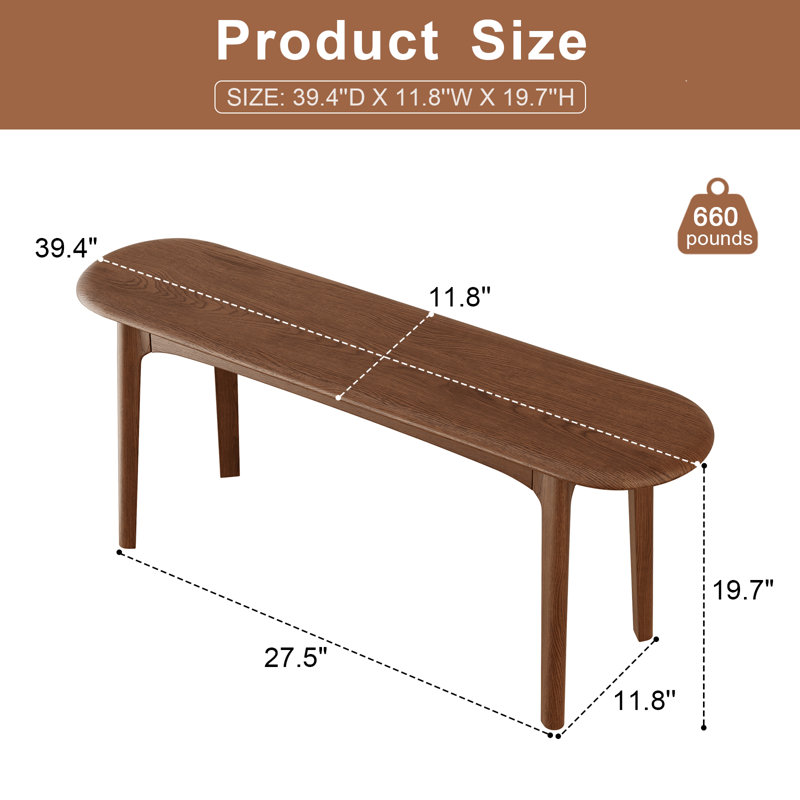 Curved Edge Solid Wood Bench – Multi-Functional for Entry, Dining Chair, or Bed End, Brown