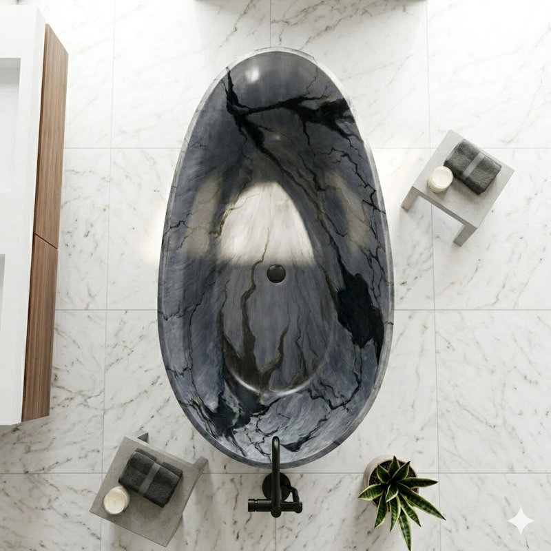 59" Freestanding Egg-shaped Engineered Stone Bathtub Matte Marble-textured Soaking Tub