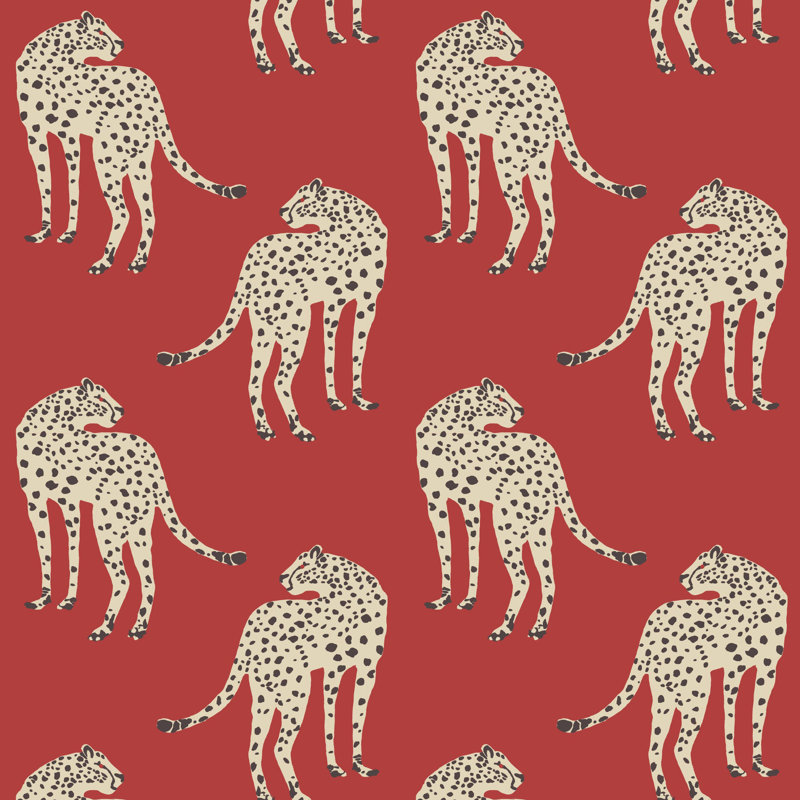Prowling Cheetah - Wallpaper, Red, Faux Grasscloth, Non-Pasted