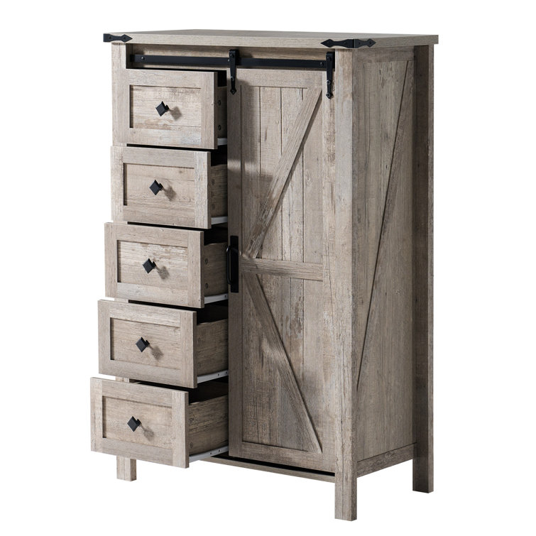 3 Pieces Farmhouse Bedroom Set, Bookcase  Bed Frame, 5 Drawer Dresser, 4 Drawers Dresser