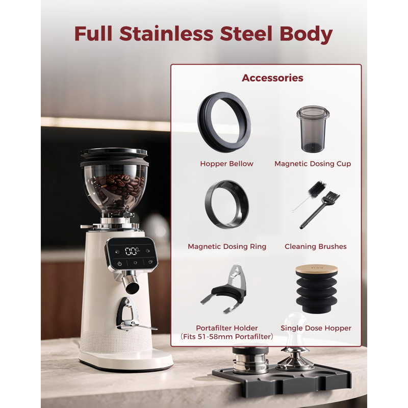 Moulin à café plat avec moules espresso Tuni G3 64 mm, ensemble de moulin à espresso électrique 100 réglages de mouture | Écran tactile de précision de qualité commerciale | Technologie antistatique | Acier inoxydable (ivoire)