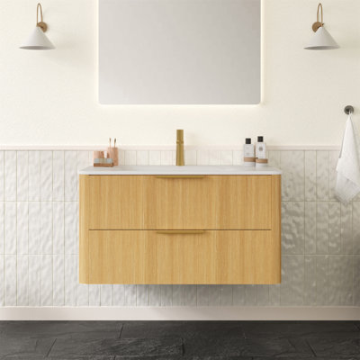 Meuble-lavabo 36 po avec lavabo, armoire de rangement flottante en contreplaqué ultra-rayé avec tiroirs, lavabo intégré en pierre frittée blanche Carrara, pré-assemblé