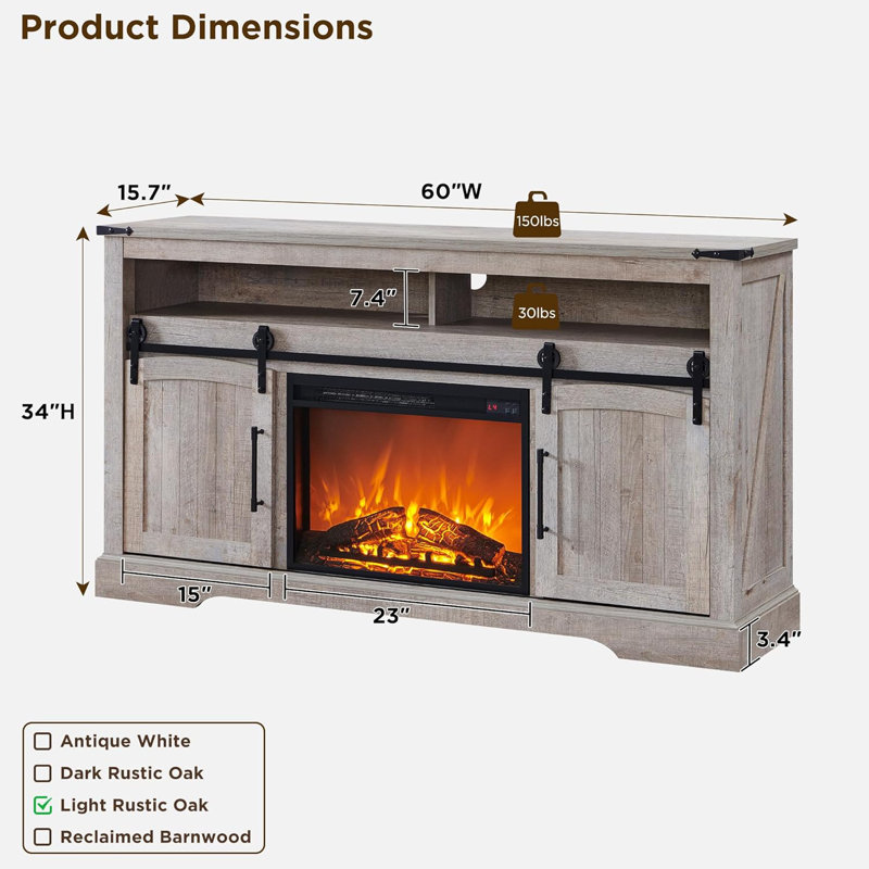 Hirschman 60"W Farmhouse Fireplace TV Stand With Timer, Wood Media Console With Sliding Barn Door, Adjustable Shelf