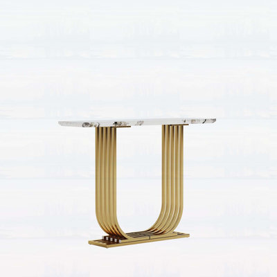 43.3-inch Modern Wooden Imitation Marble Console Table, Narrow Design for Living Room and Bedroom, Space-Saving and Stylish