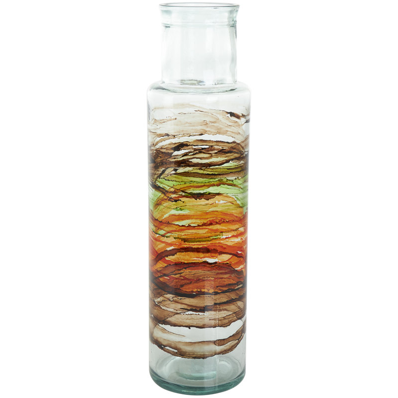 Donsha Recycled Glass Abstract Decorative Clear Vase with Swirled Colored Glass Bands, Multi-Color, 21.65"H x 5.65"W x 5.85"D