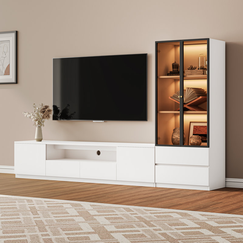 102.4'' White Entertainment Center for 55/65/75 Inch TV, Modern Wooden Media Console Set Of 2 Includes Tv Stand With Storage And 3-tier Display Cabinet With 2 Drawers For Living Room And Bedroom