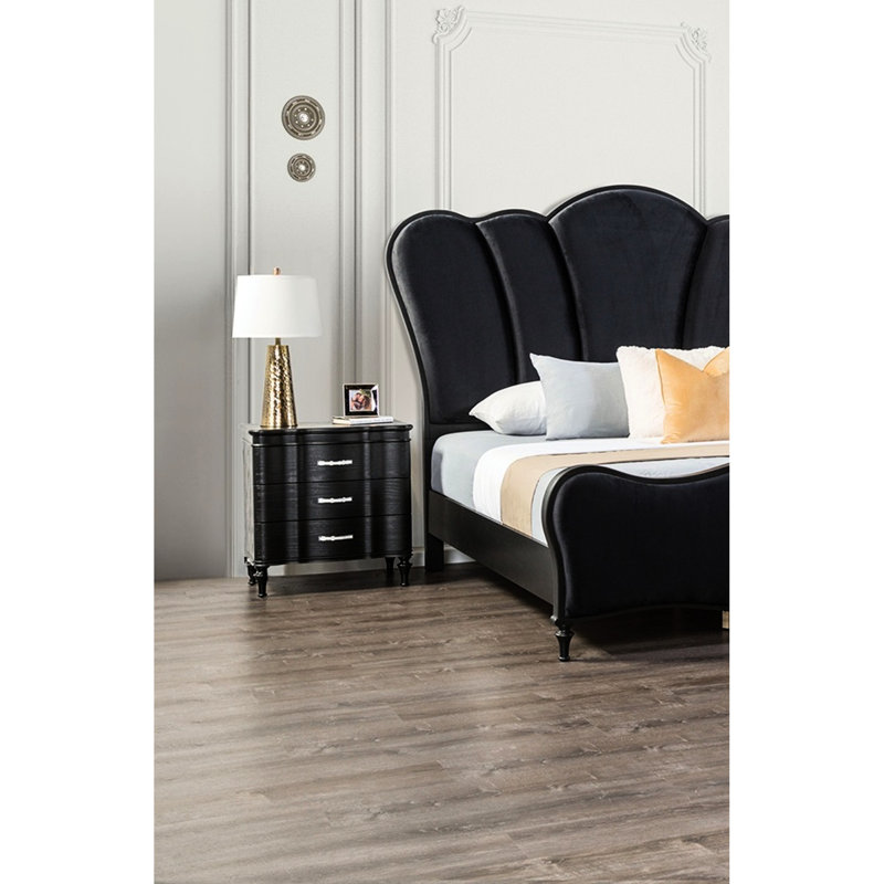 Table de chevet à 3 tiroirs en bois massif noir pour la chambre à coucher, pieds tournés, poignées en acrylique, style contemporain avec accents, panneaux avant incurvés, tiroir supérieur doublé de feutre, poignée de bar à extension complète,
