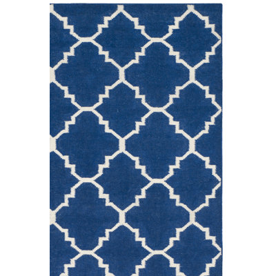 Stahl Hand Woven Flat Weave Wool/Cotton Geometric Rug in Blue/White