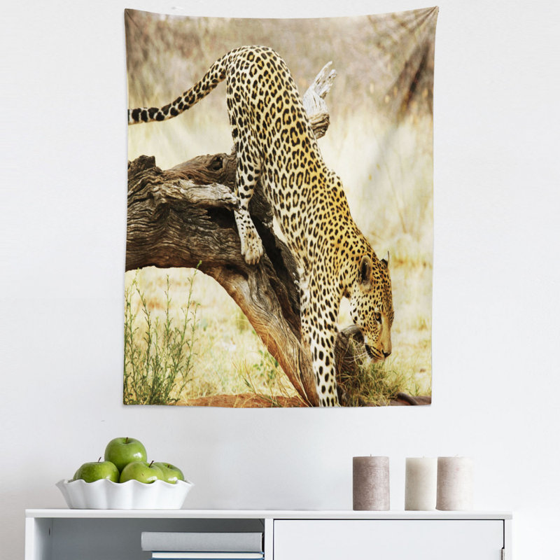 Leopard on Tree Trunk Desert Plants Exotic Hunter Predator Big Cat Tapestry, 71.12cm H x 58.42cm W