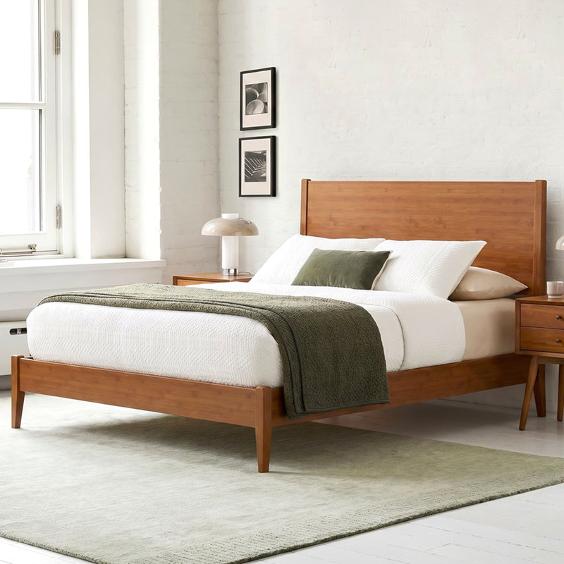 Structure de lit plateforme en bois de bambou massif de style Mid-Century avec lattes de bois et support en métal, aucun sommier requis, assemblage facile