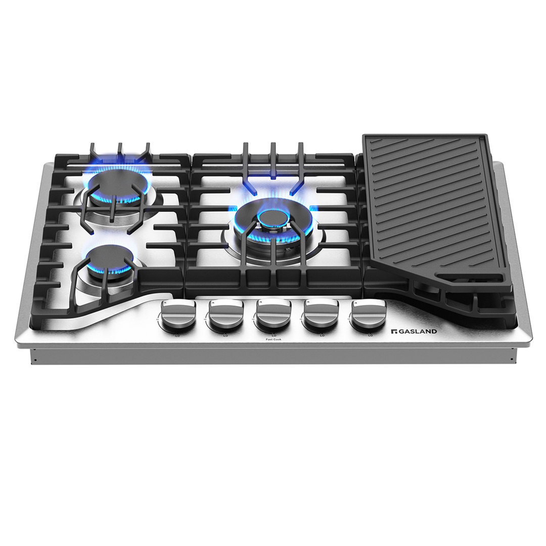 30" 5 Burners Gas Cooktop with Reversible Cast Iron Grill/Griddle, NG/LPG Convertible GASLAND