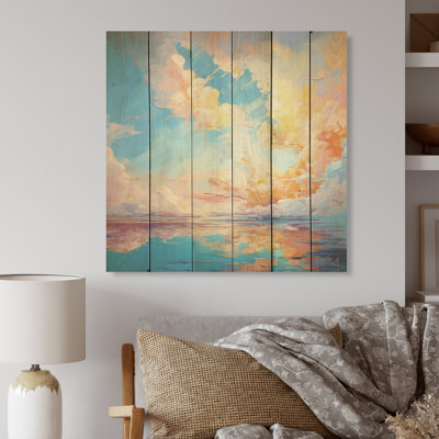 «Turquoise Clouds Charm», art liquide sur bois de pin naturel