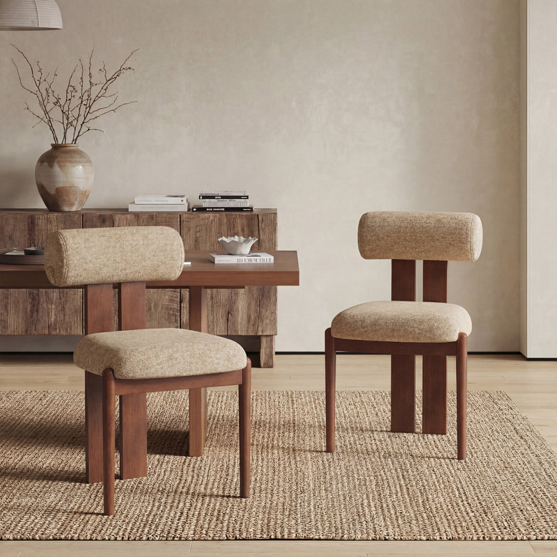 Mid-Century Modern Wooden Dining Chairs, Upholstered Fabric with Sculptural Backrest & Solid Wood Legs, Walnut, Camel