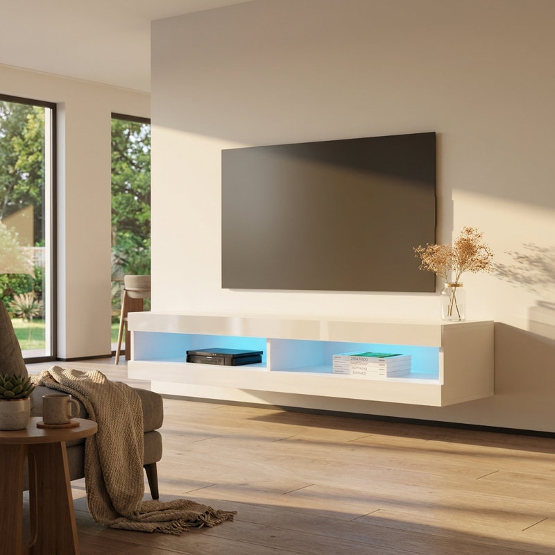 Fly 63" Modern Floating Wall Mounted TV Stand with LED Lighting, High Gloss Finish, White