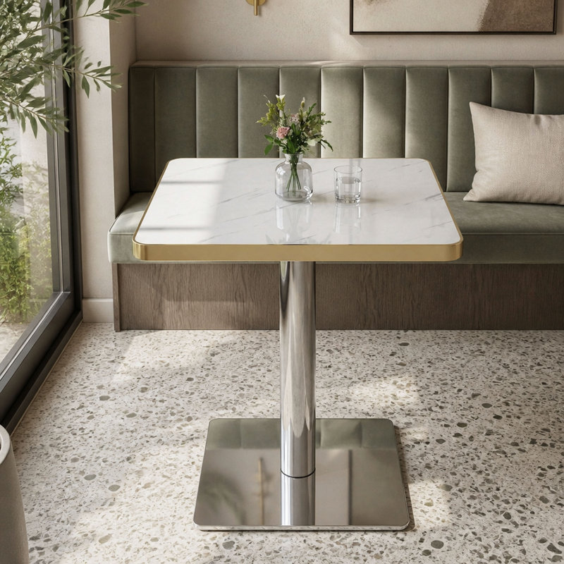 Square Faux White Marble Bistro Table, Modern Dining Table with High Gloss UV Finish & Trim, 300 lbs Heavy Duty Stainless Steel Base, Small Space Table for Home, Cafe, Office