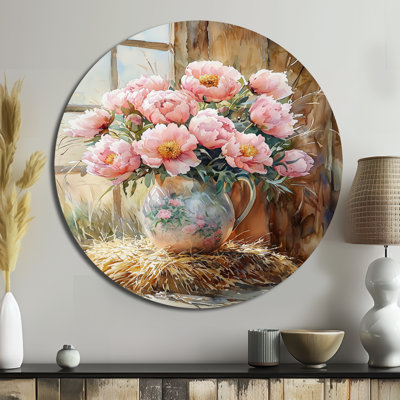 «Country Peony Bouquet In A Milk Vase I», reproduction d'art traditionnelle rose en métal