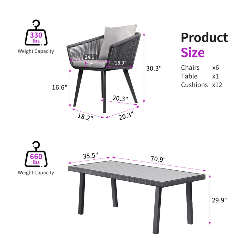 Rectangular Patio Dining Set with Cushions, Grey/Dark Grey, 70.9" x 35.5" x 29.9"