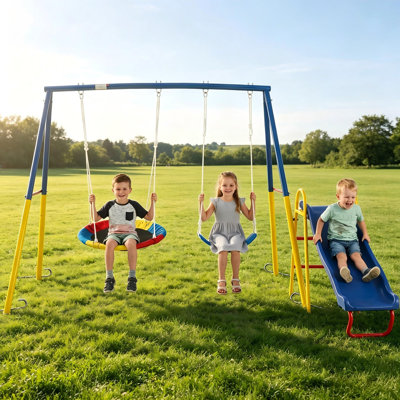 Kids Swing Set with Slide, Heavy-Duty Metal A-Frame Swing Frame, Saucer Swing & Belt Swing, Outdoor Playground Equipment for Backyard, Garden, for Age