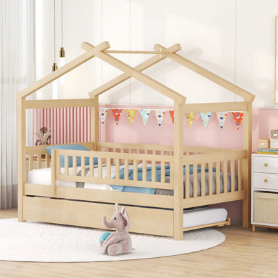 Wooden Frame House Bed With Twin Trundle