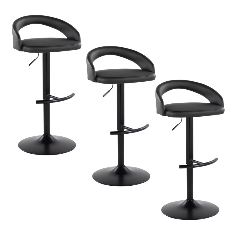 Laurenzio Upholstered Adjustable Bar Stool with Rounded T Footrest, Black Faux Leather, Black, Set of 3