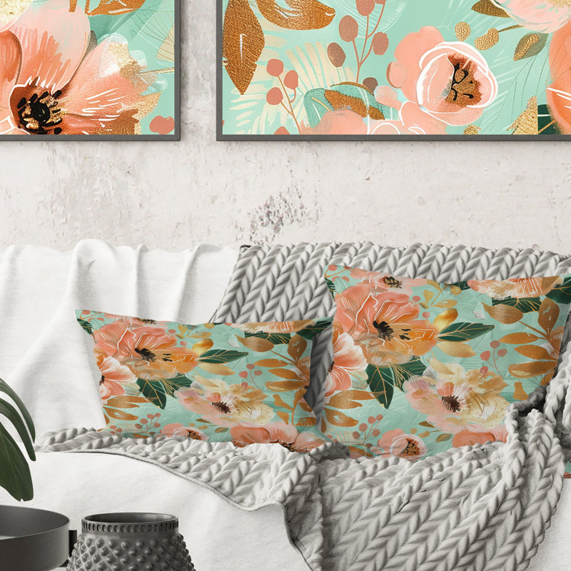 Peach Gold Floral Retro Blooms - Coussin décoratif rétro Floral, H 16 po x l 16 po