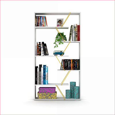 Bibliothèque avec cadre industriel en bois à 6 tablettes ouvertes | Blanc neige et jaune citron | Bois massif
