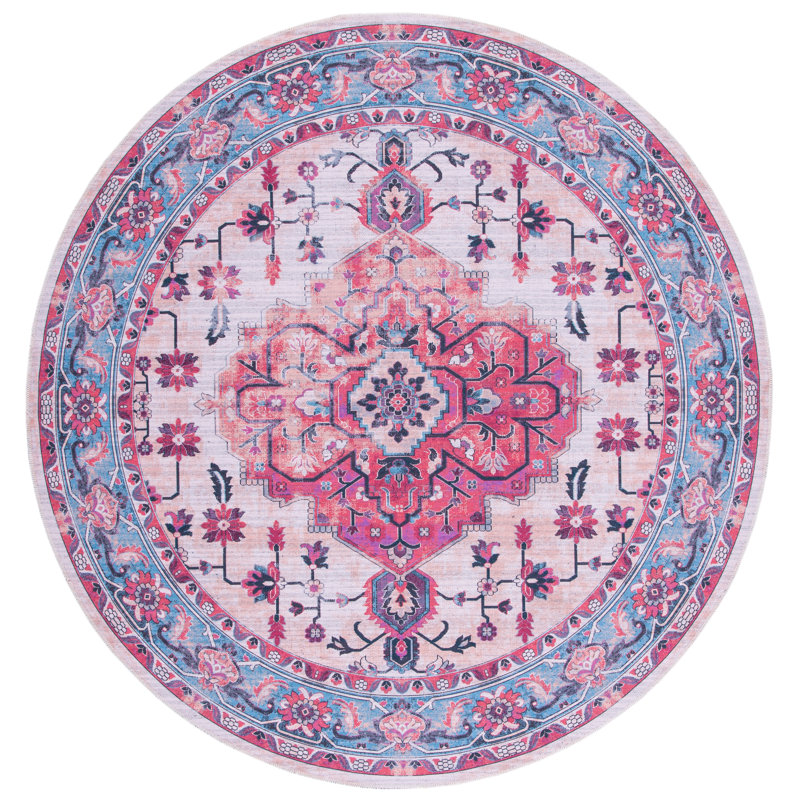 Aminah Ivory / Light Blue Machine Washable Rug, Round 6'7"