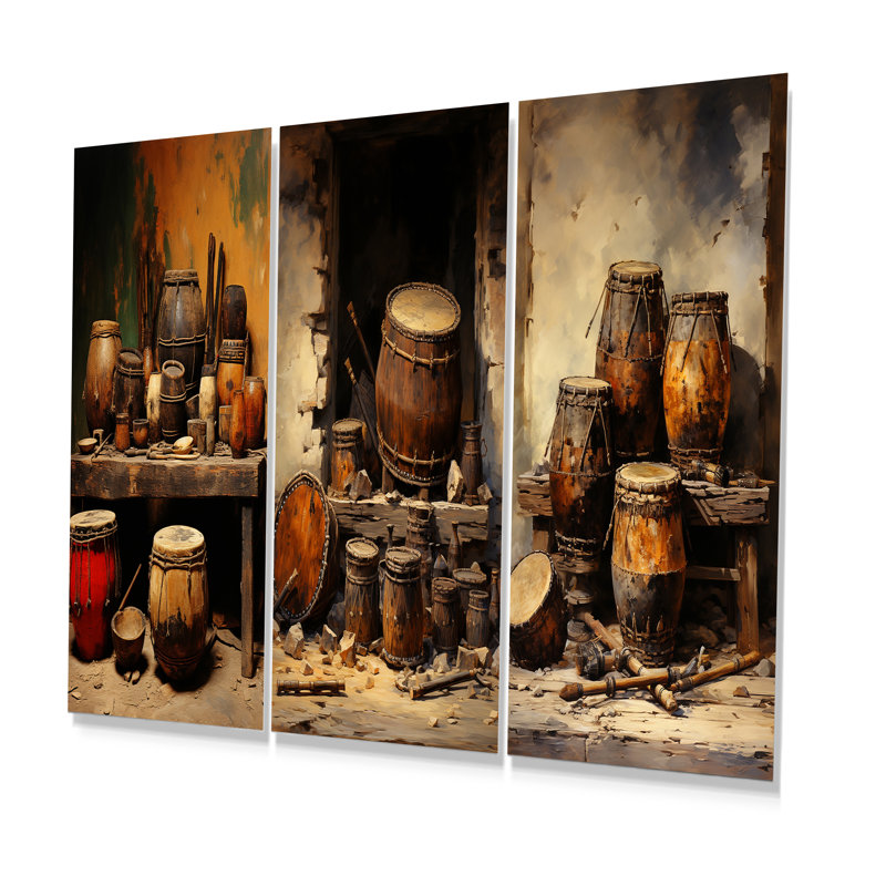 Brown Music Drums Rhythm Revelry I - Music Metal Prints Set Of 3, 32" H x 48" W