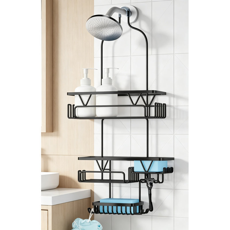 Over The Shower Head Caddy With 2 Baskets And Soap Holder, Non-Slip Design For 0.82-Inch Standard Showers, Black Stainless Steel Extra Large