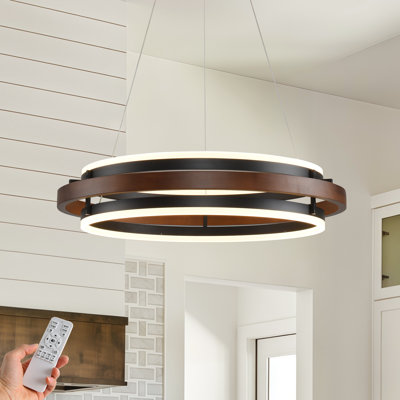 Ring Wood & Black LED Chandelier, Dimmable Circular Pendant Light with Remote Control