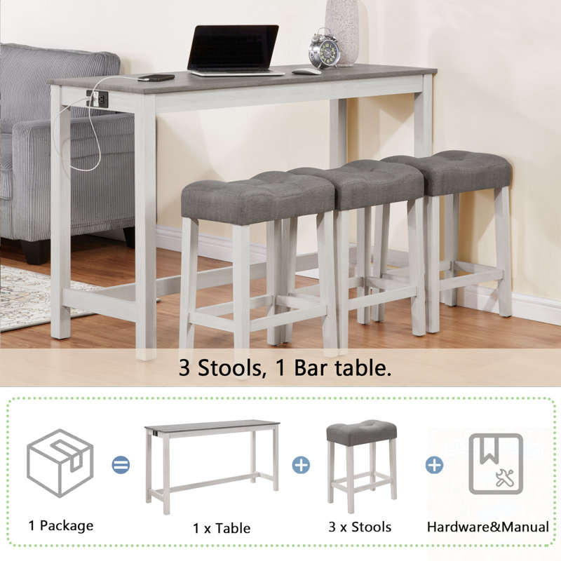 Ensemble de table de bar 4 pièces avec prise de courant et 3 tabourets rembourrés, Gris / Blanc