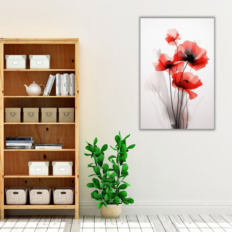 Abstrait coquelicots rouges élégance 2, Toile avec cadre flottant brun, H 48 po x l 32 po x P 1,25 po
