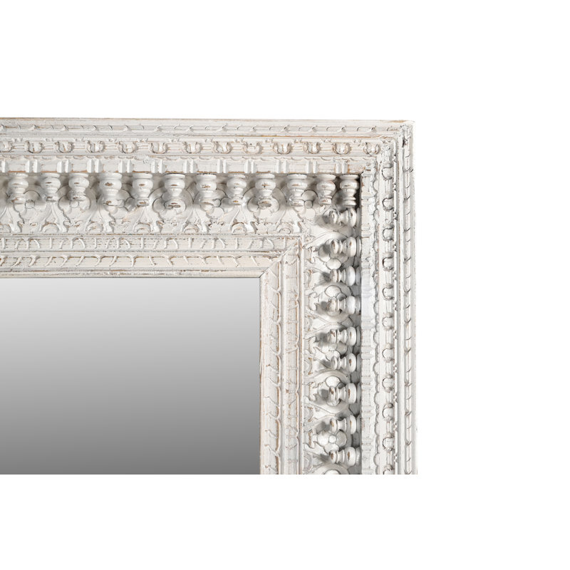 Ayla Mirror In Distressed White Finished Traditional Handcarved Solid Wood