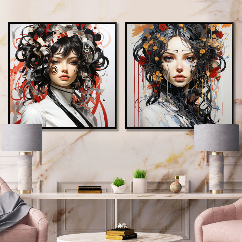 «Digital Dreams Cybernetic Woman Portrait IV», ensemble de 2 reproductions d'art mural, Cadre noir